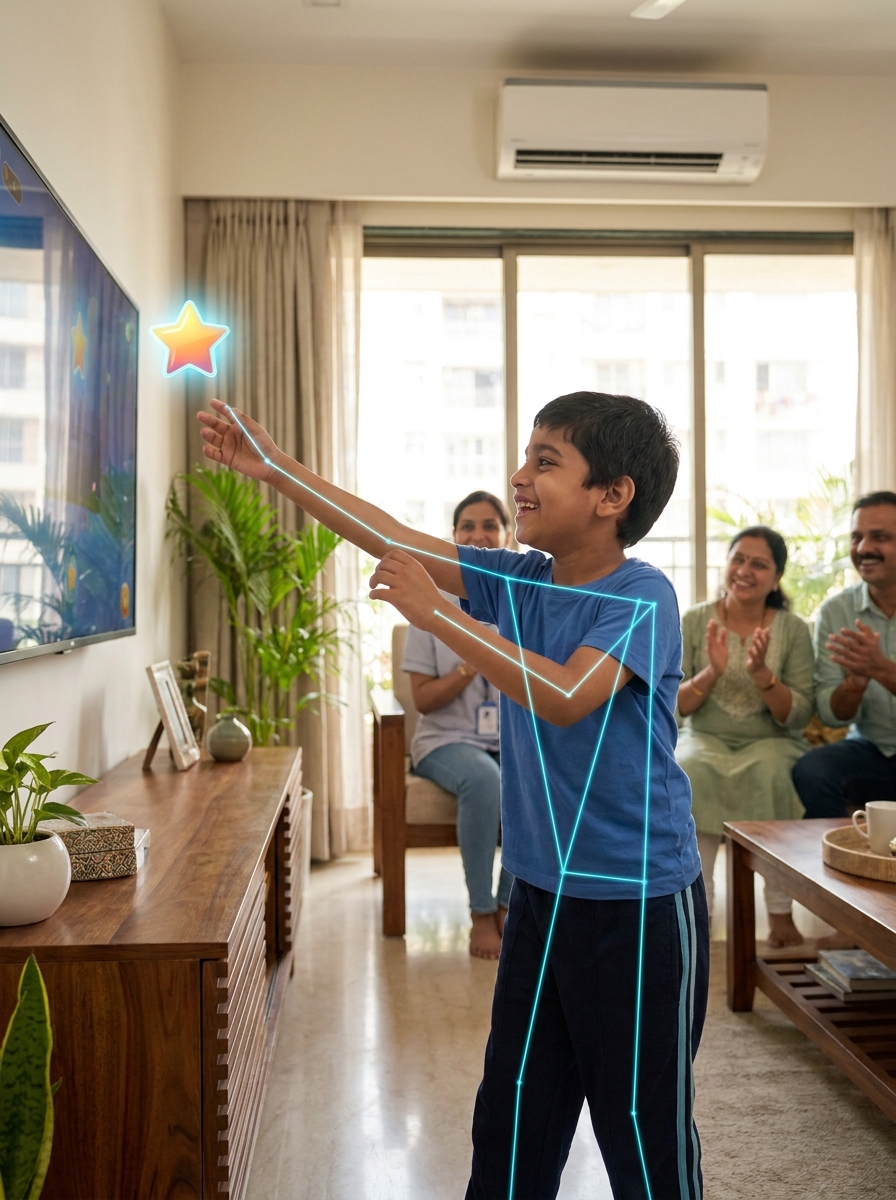A child playing interactively in front of a screen with AI pose estimation grid