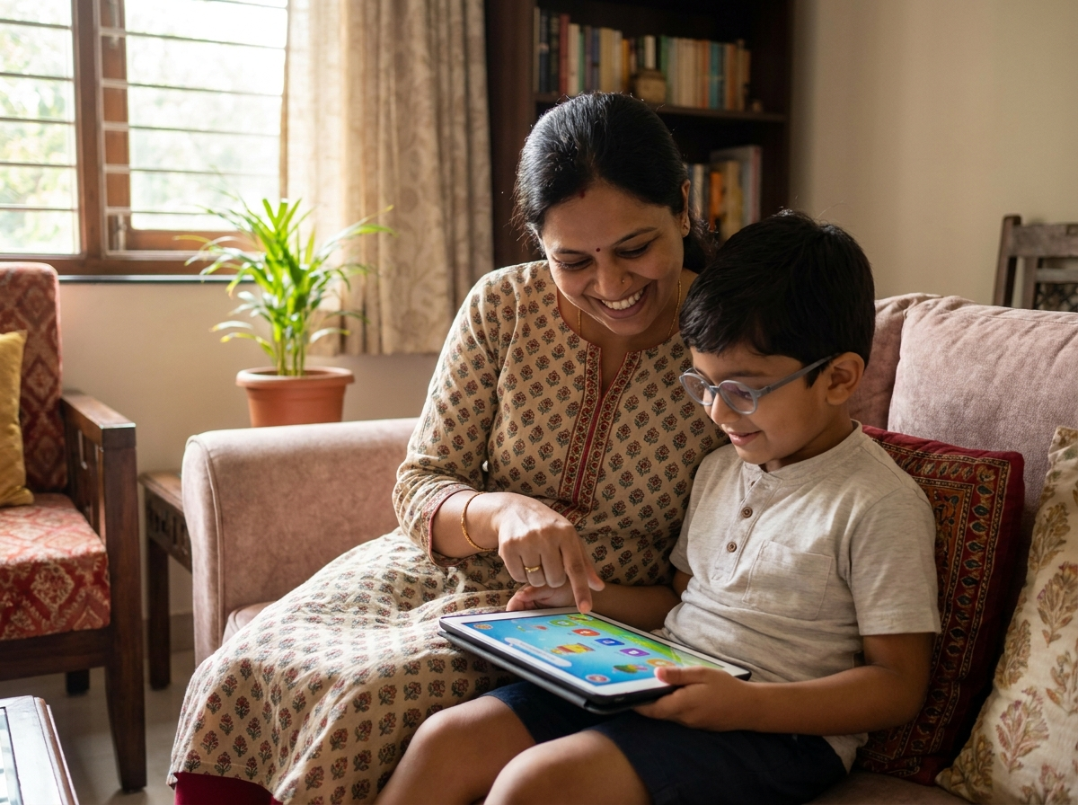 Indian mother and son sitting together looking at a tablet on a sofa
