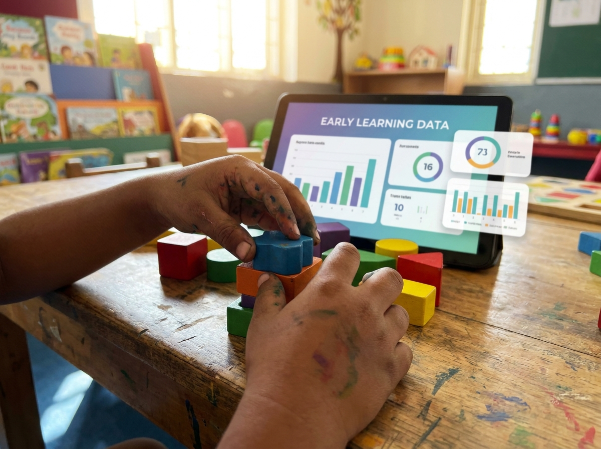Close up of child hands playing with blocks and tablet in background