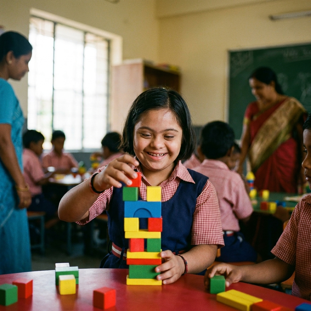 Child building blocks focusing on cognitive tasks