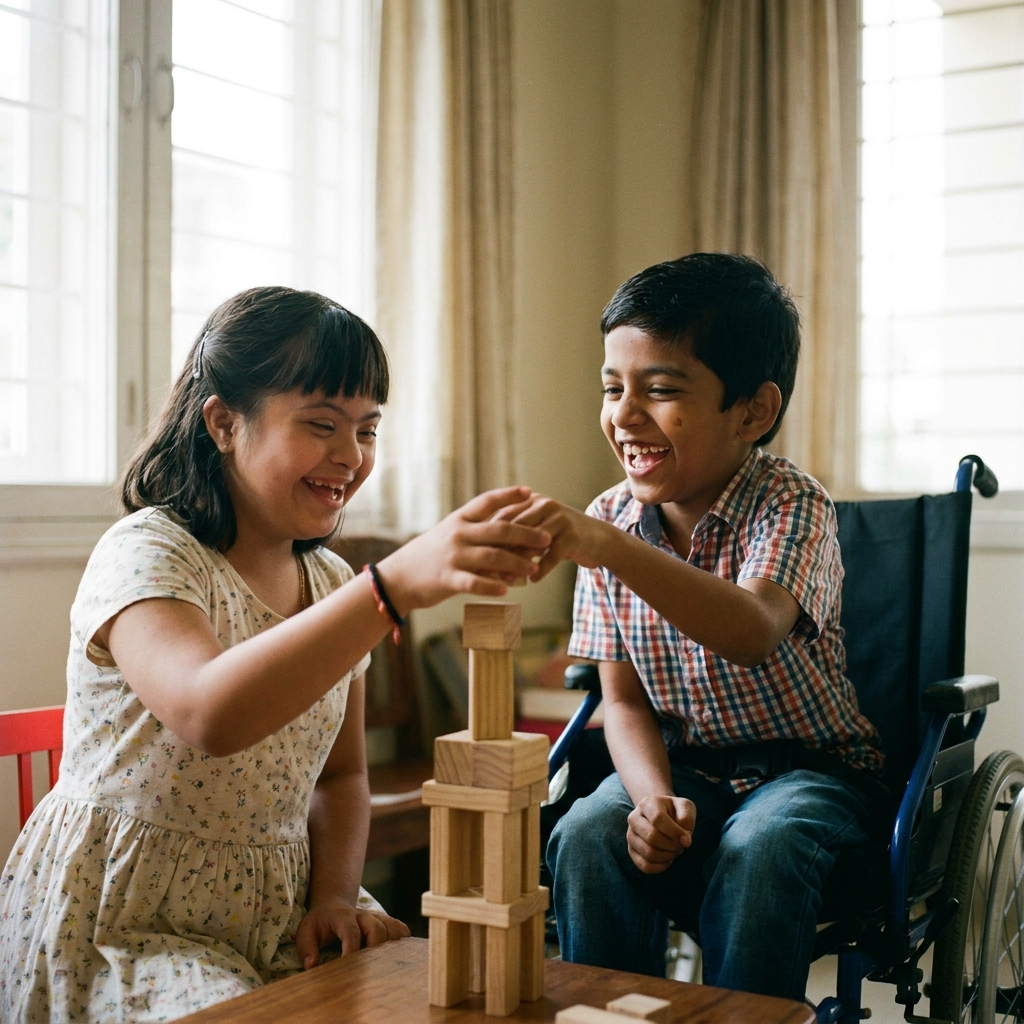 Parent and child laughing and looking at tablet together
