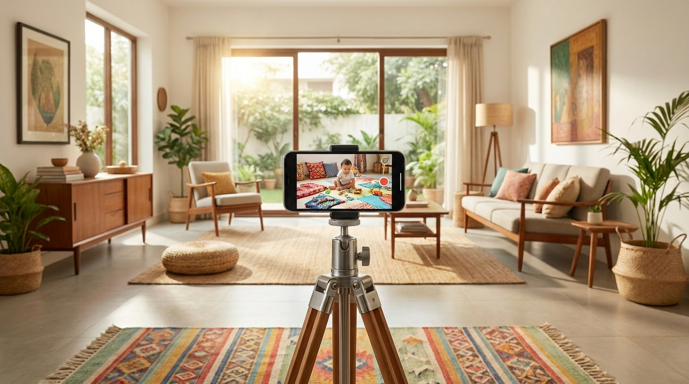 A smartphone mounted on a neat tripod inside a living room play area