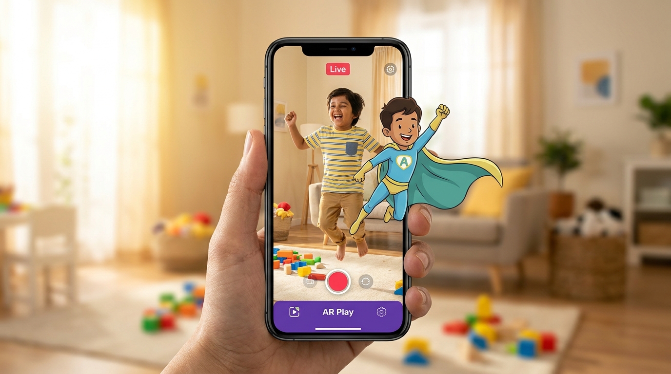 Smartphone showing children playing with cartoon avatar overlay