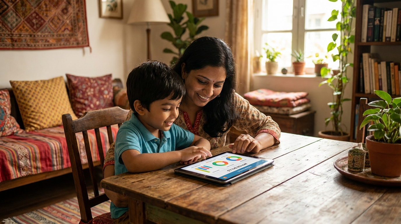 Mother and child looking at the tablet dashboard